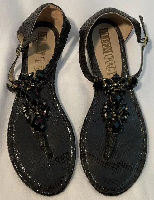 Ellen Tracy Flat Black Jeweled Thong Back In Sandals Size 7.5M