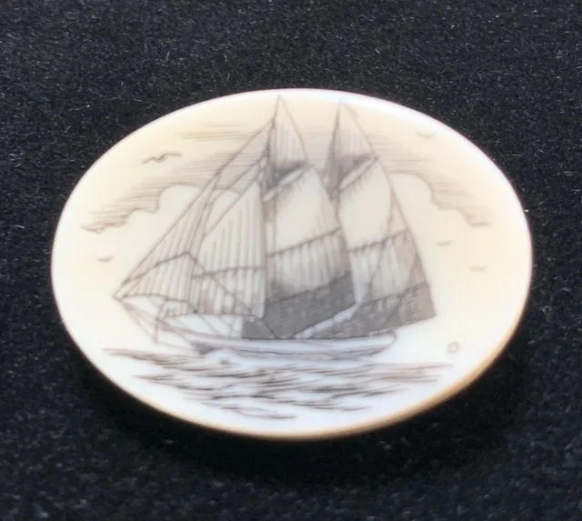 Scrimshaw Etched Whaling Ship Pin Brooch Vintage