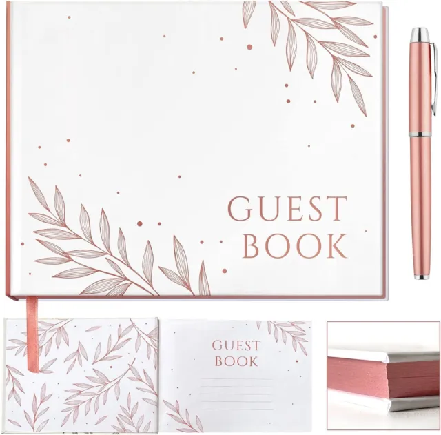 Rose Gold Floral Wedding Guest Book, Wedding Guestbook with Gold Pen, Guest Book