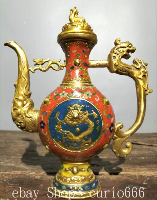 11.8'' Qing Qianlong Cloisonne Enamel Bronze Gilt Dragon Wine Tea Pot Flagon