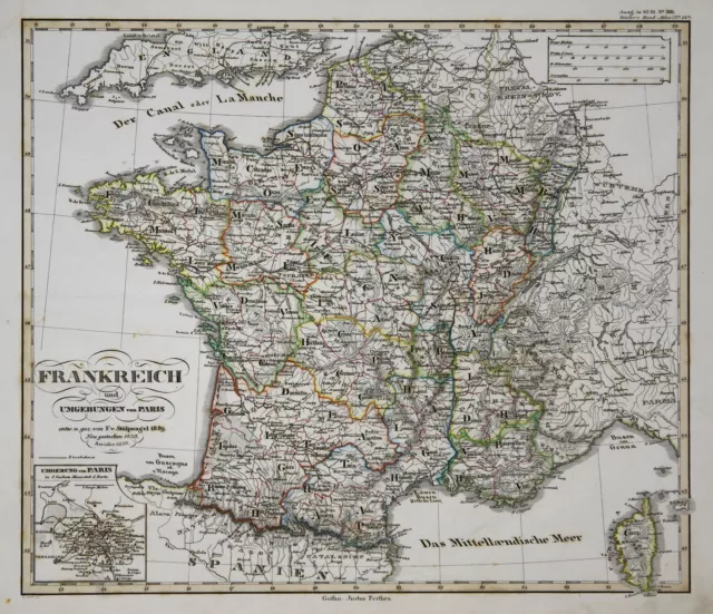 Frankreich Original Kupferstich Landkarte Stülpnagel 1829