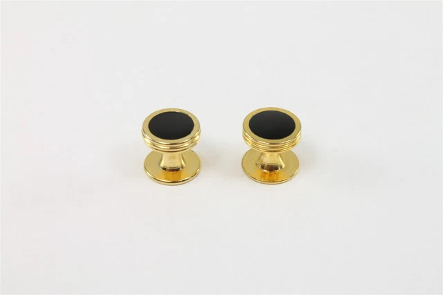 ✅ Set 2 Vintage Mens Tuxedo Shirt Stud Button Round Black Onyx Gold Tone Plate ~