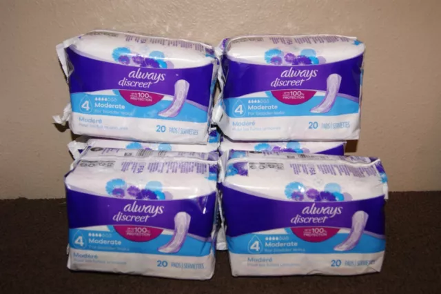 Always Discreet Pads, #4-Moderate for Bladder Leaks, 20 ct each Lot of (6)