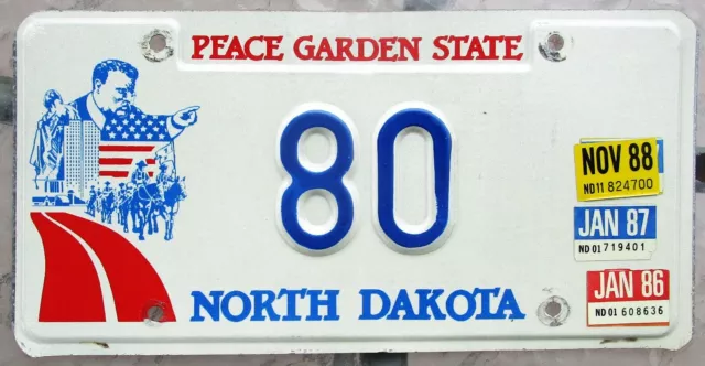 NORTH DAKOTA License Plate 2-Digit Low Number 80 - 1986 '87 '88 Teddy Roosevelt