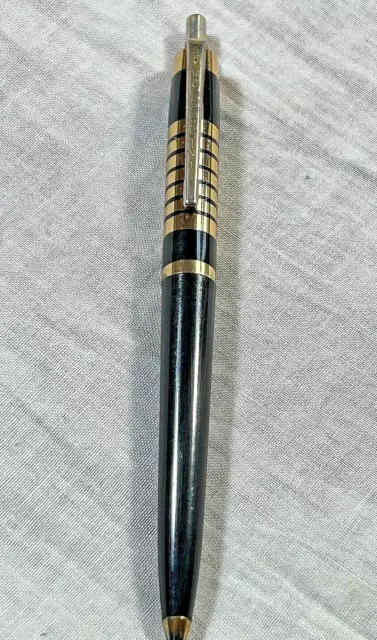 c1950s GYRO POINT Brass Striped Retractible Ballpoint Pen! Blk & Gold, Black INK