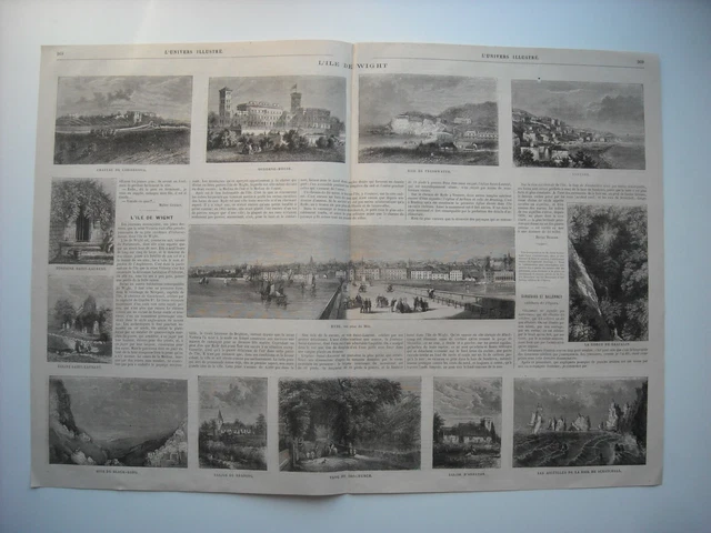 Gravure 1865. L’ile De Wight. 13 Gravures Avec Explicatif, Sur Double Feuillet..