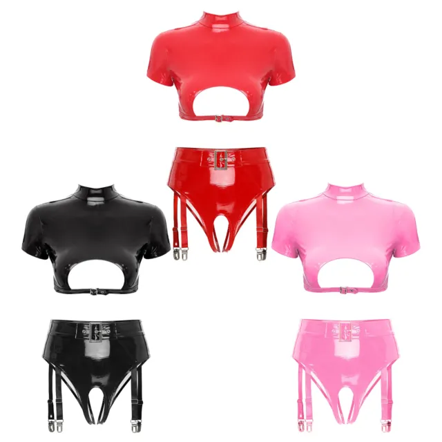 Women Clubwear Babydoll Nightwear PVC Leather Lingerie Suspender Panty Mini