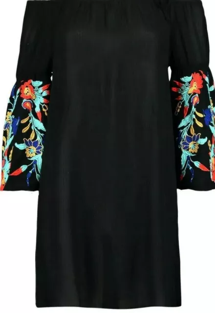 BOOHOO Ladies Boho Black Broderie off shoulder Beach Shift Dress,Raglan Sleeves 3