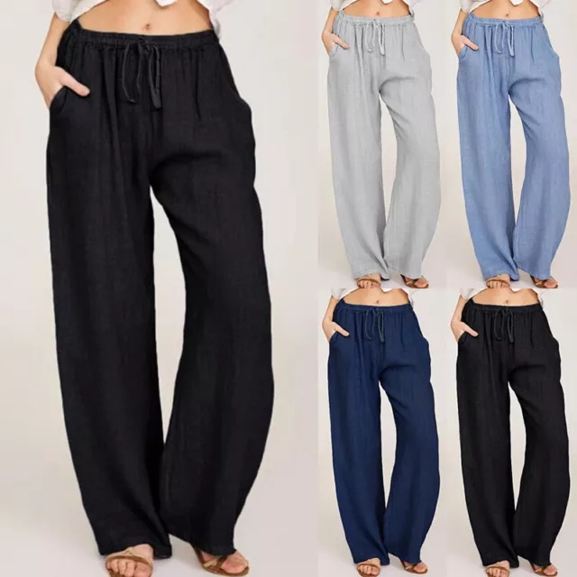 Women Plain Cotton Linen Wide Leg Pants Ladies Summer Casual Drawstring Trousers