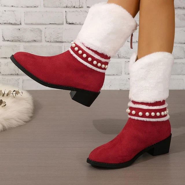 Christmas Womens Pearl Mid Calf Red Boots Suede Laddies Shoes Block Size 5-10.5