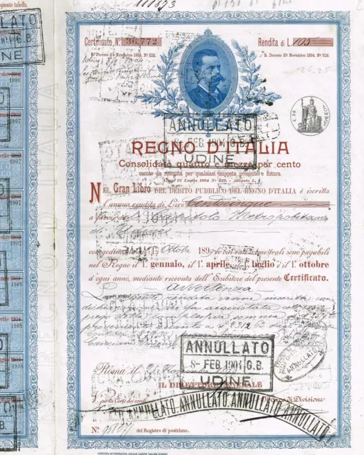 KINGDOM OF ITALY PUBLIC DEBT BOND stock certificate 1899