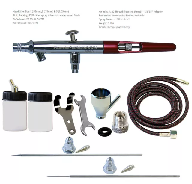 Paasche Double Action Siphon Feed Airbrush w/Handle & .55 .75 & 1.05mm Heads