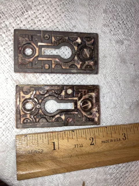 2 Antique Victorian Eastlake door skeleton key Hole Cast-Iron￼ plate Set Ornate