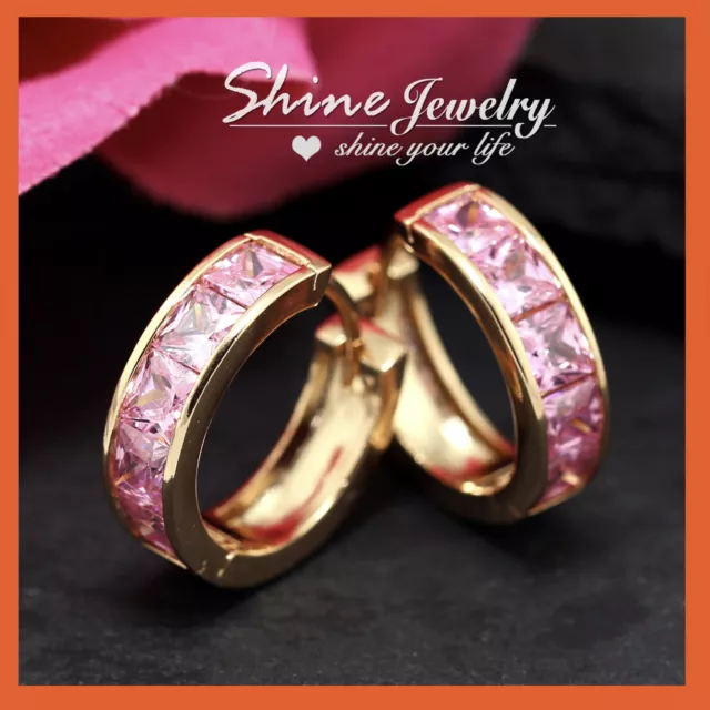 18K Gold Gf Pink Crystal Womens Girls Solid Round Hoop Huggies Sleeper Earrings