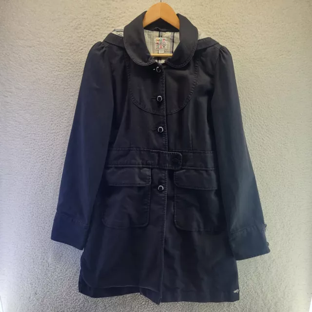 ROXY Long Trench Coat Womens Large Black Hooded Cotton Button Up Pockets