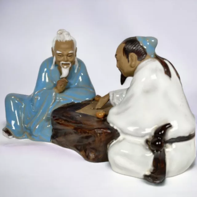 Chinese Shiwan Mudman Ceramic Figurine 2 Men Playing Board Game Blue White Robes