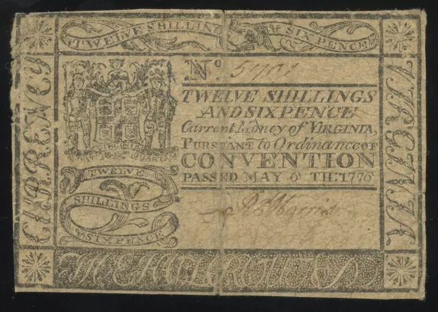 USA Colonial Currency Virginia 12 Shillings 6 Pence May 6, 1776 VA-76