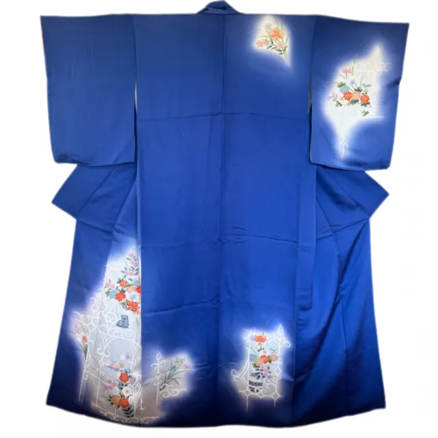 Blue Silk Kimono with Peonies and Hydrangeas, Vintage Japanese Kimono Robe, Long
