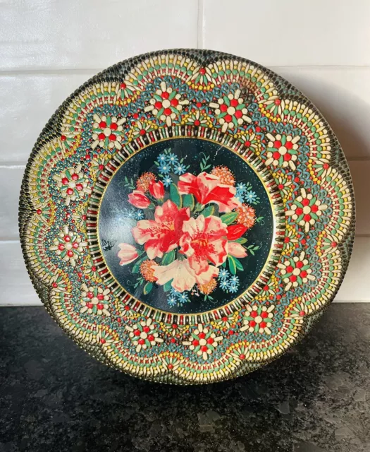 Vintage 70s Dutch Cookie Tin Embossed Floral Scene Made In Holland Sewing Box