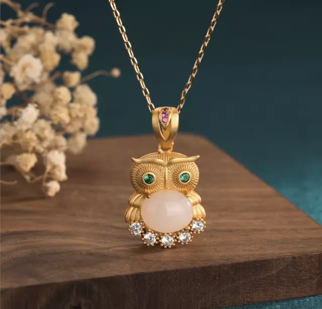 Jade Crystal Owl Pendant Necklace Charm 18K Gold Plated Chain Dainty Gemstone