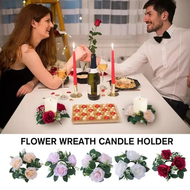 23CM Artificial Flower Wreath Candle Holder Rose Garland Candlestick Fake Plant∠