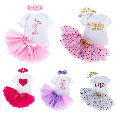 3PCS Baby Girls 1st 2nd Birthday Dress Outfits Toddler Clothes Romper Skirt Set