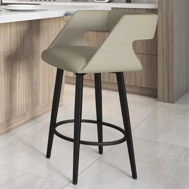 Amisco Marvin 30 In. Swivel Bar Stool - Greige Faux Leather / Black Metal
