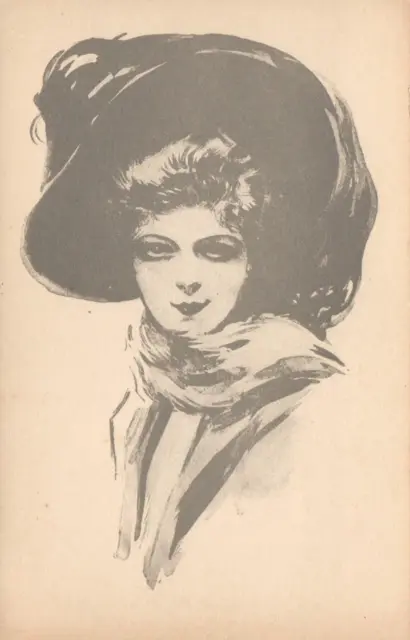 EARLY 1900s SUPERB ILLUST BEAUTIFUL WOMAN with LARGE HAT & SCARF POSTCARD UNUSED