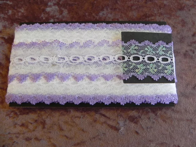 New 10mt card of Knitting/Eyelet Lace - White Sparkle with Lilac Edge