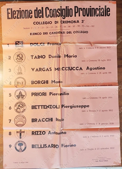 1980 Cremona Elezione Consiglio Provinciale Collegio 3 lista Candidati manifesto