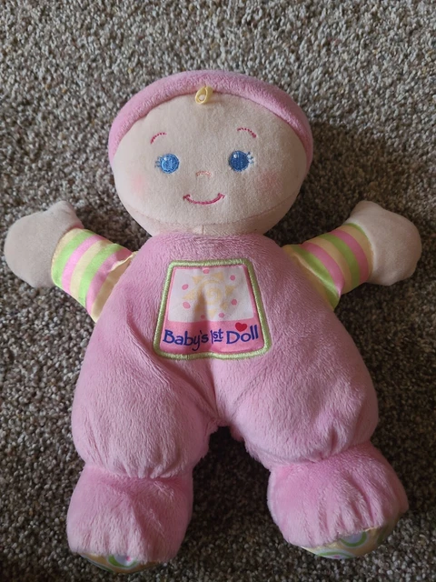 Fisher Price Pink Babys First 1st Doll Plush Lovey Rattle Soft Blonde Blue Eyes