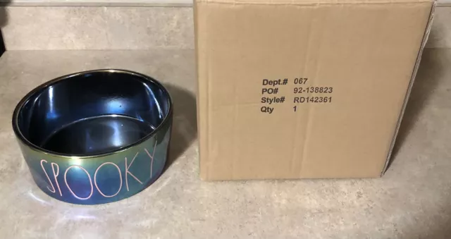 Rae Dunn 8” SPOOKY Dog Bowl BLACK Iridescent Halloween 2021 NEW In Box
