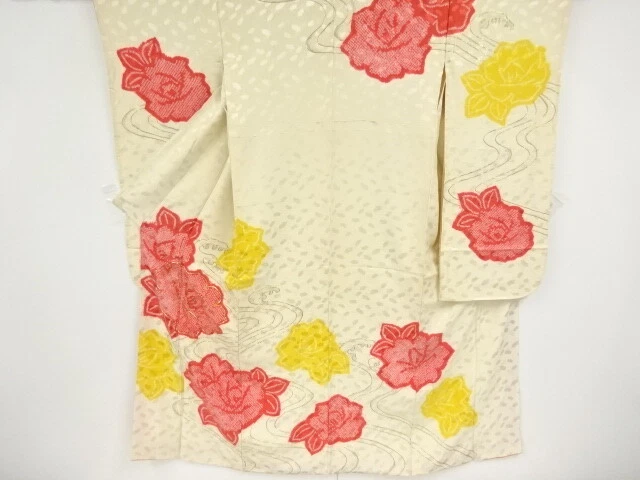 37306# Japanese Kimono / Antique Furisode / Embroidery / Shibori / Flower &