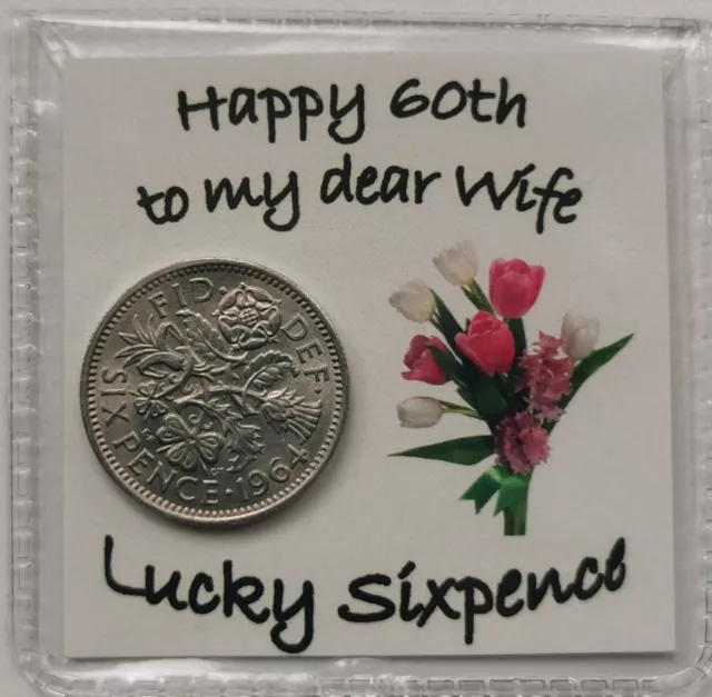 60th Wife Birthday Lucky Sixpence Gift* 1964 coin for 2024*Cream Flower Design