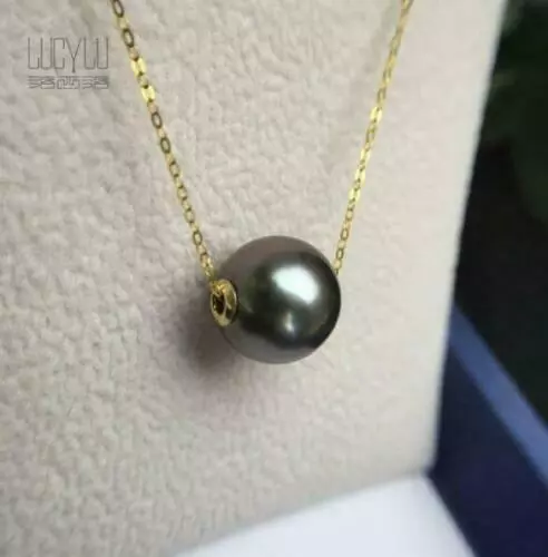 18" AAA+ 11-10mm real natural Tahitian Black round pearl pendant 18k Yellow Gold