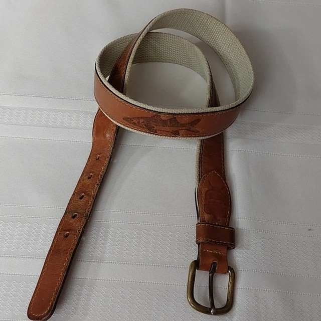 Vtg Reef Riders Tooled Leather Canvas Trout Fish Belt Solid Brass Buckle Size 36