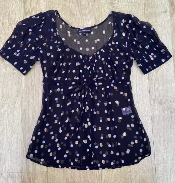 Warehouse Womens Black Sheer Top White & Gold Polka Dot Top Blouse Size 8 #