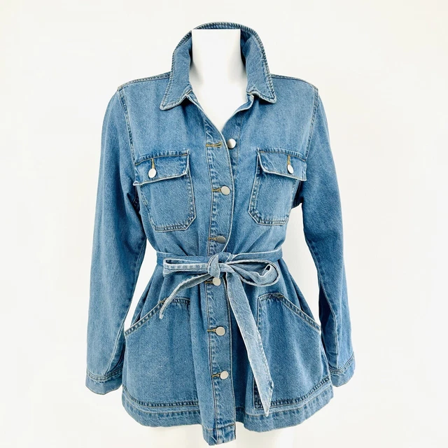 Womens denim chore jacket UK 14 Stonewash blue Belted western