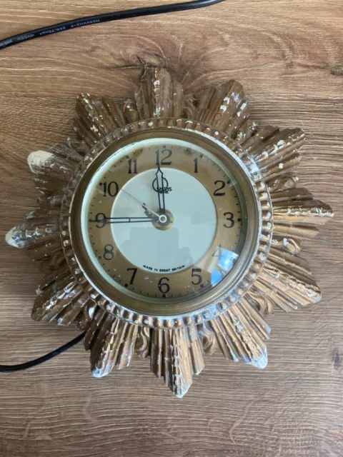 Vintage 1950s Smiths Sectric Gilt Plaster Gesso Starburst Electric Wall Clock