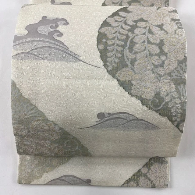 Japanese Kimono Obi Pure Silk Rakkan Hatou Flower Gray Rokutsu For Semi Formal
