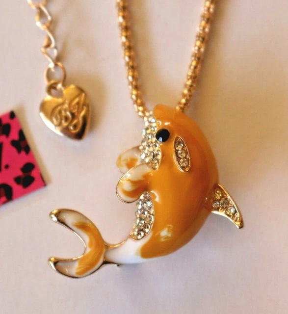 NEW! Betsey Johnson Crystal Rhinestone Enamel Whale Necklace Pendant Brooch Pin