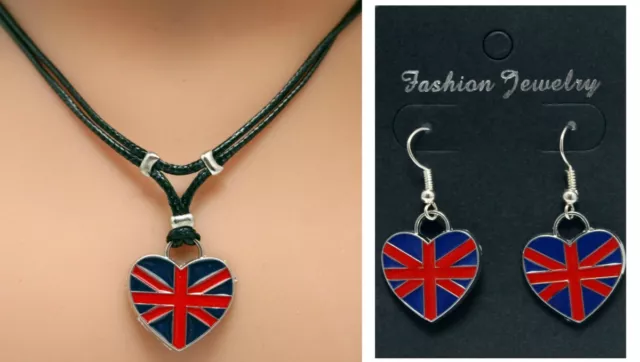 Ensemble collier et boucles d'oreilles cœur drapeau Anglais - Union Jack set