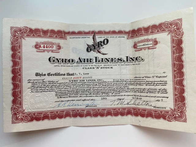 Gyro Air Lines, Inc. 1934 issued Stock Certificate Early Air Airplane Transport