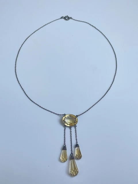 Collier Négligé Ancien Art Déco En Argent Massif Avec Aventurine - Bijou Vintage