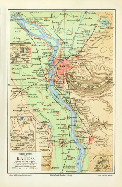 Kairo Umgebung historischer Stadtplan Karte Lithographie ca. 1905 Stadtkarte