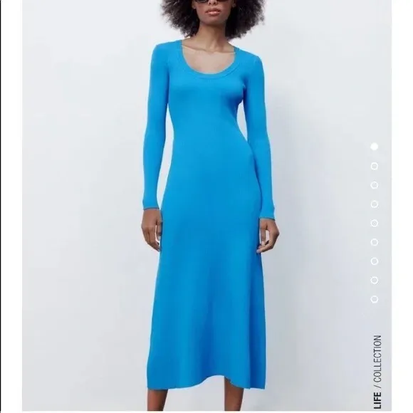 Zara New Ribbed Knit Midi Dress Stretchy Blue Size Small S