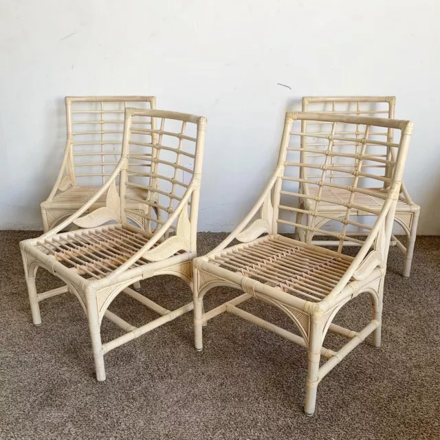 Boho Chic Bamboo Rattan Sculpted Pencil Reed Dining Chairs - Set of 4