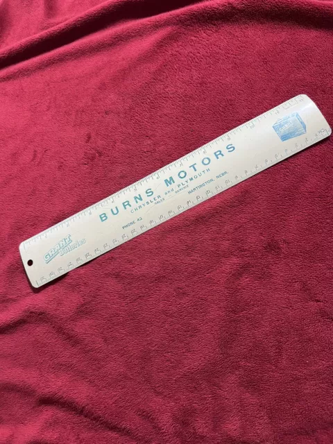 Vintage Metal Ruler, Burns Motors Chrysler Plymouth in Hartington, NE.  Phone 43