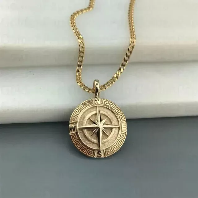 Compass Witg Meander Pendant With Greek Key 14K Yellow Gold Plated Silver