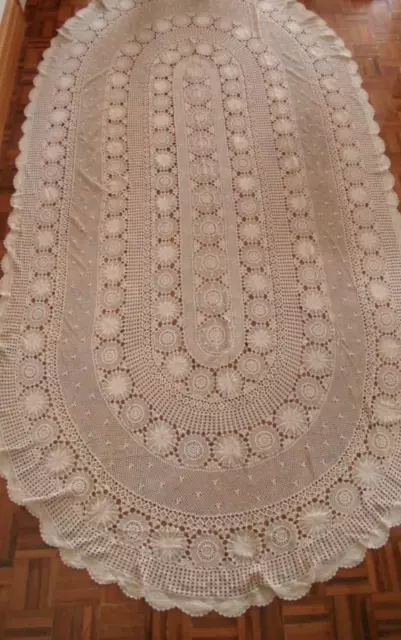 Vintage Hand Crochet Ecru Beige Lace Large Oval cotton Tablecloth 330cm x 170cm